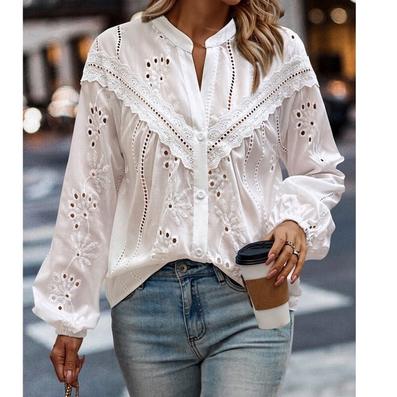 Classic White Lace Embroidered Eyelet Button Down Loose Fit Shirt - Picture 4 of 5